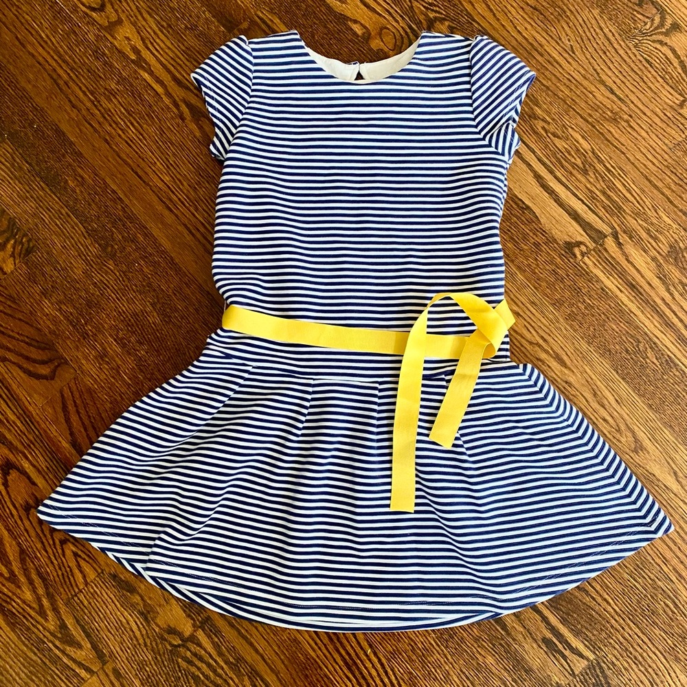 Gymboree Dress (Dark Blue/White Stripe) & Yellow Waist Tie (10YR)
